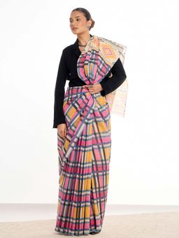 KAMLIE - Women Pink Mds Checks Mul Cotton Saree with Unstitched Blouse