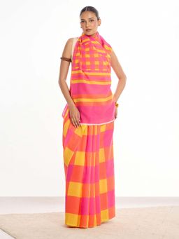 KAMLIE - Women Pink-Yellow Mds Checks Mul Cotton Saree with Unstitched Blouse