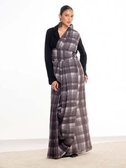 KAMLIE - Women Grey Checks Plaids Mul Cotton Saree with Unstitched Blouse