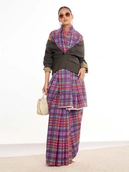 KAMLIE - Women Multi-Color Checks Plaids Mul Cotton Saree with Unstitched Blouse