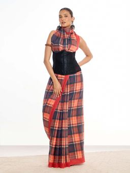 KAMLIE - Women Multi-Color Checks Plaids Mul Cotton Saree with Unstitched Blouse
