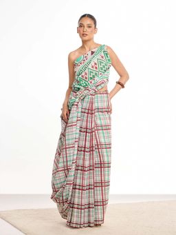 KAMLIE - Women Multi-Color Checks Plaids Mul Cotton Saree with Unstitched Blouse