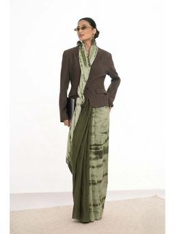 KAMLIE - Female Olive Tie-Dye Cotton Blend Saree with Unstitched Blouse