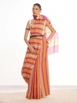 KAMLIE - Women Mustard Stripes Mul Cotton Saree with Unstitched Blouse