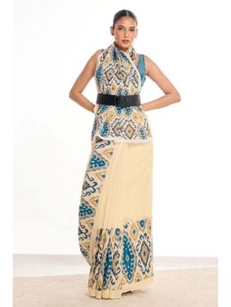 KAMLIE - Female Beige Ikat Printed Cotton Blend Saree with Unstitched Blouse