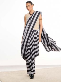 KAMLIE - Women Black-White Stripes Cotton Blend Saree with Unstitched Blouse