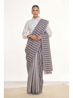 KAMLIE - Female Grey Stripes Cotton Blend Saree with Unstitched Blouse