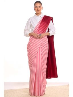 KAMLIE - Female Pink Stripes Cotton Blend Saree with Unstitched Blouse