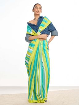 KAMLIE - Women Green Stripes Cotton Blend Saree with Unstitched Blouse