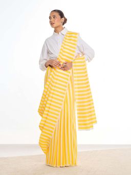 KAMLIE - Women Yellow Stripes Cotton Blend Saree with Unstitched Blouse