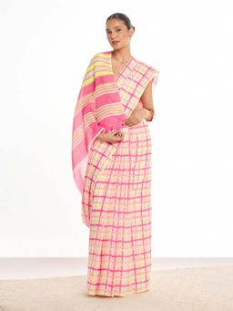 KAMLIE - Women Pink-Off White Tartan Mul Cotton Saree with Unstitched Blouse