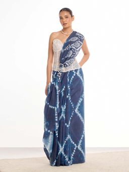 KAMLIE - Women Navy Blue Tie-Dye Printed Mul Cotton Saree with Unstitched Blouse