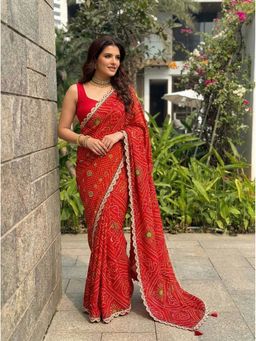 Kalista Fashion - Women Red Printed Bandhani Saree with Unstitched Blouse