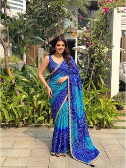 Kalista Fashion - Women Blue Printed Bandhani Saree with Unstitched Blouse