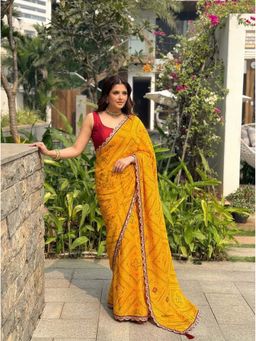 Kalista Fashion - Women Yellow Printed Bandhani Saree with Unstitched Blouse