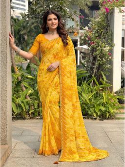 Kalista Fashion - Women Yellow Leheriya Printed Saree with Unstitched Blouse