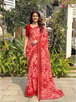 Kalista Fashion - Women Red Leheriya Printed Saree with Unstitched Blouse