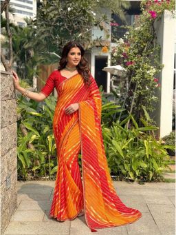 Kalista Fashion - Women Red-Orange Printed Leheriya Saree with Unstitched Blouse