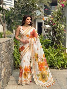 Kalista Fashion - Women White Printed Floral Silk Cotton Blend Saree with Unstitched Blouse