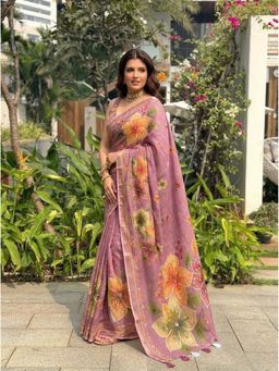 Kalista Fashion - Women Pink Printed Floral Silk Cotton Blend Saree with Unstitched Blouse
