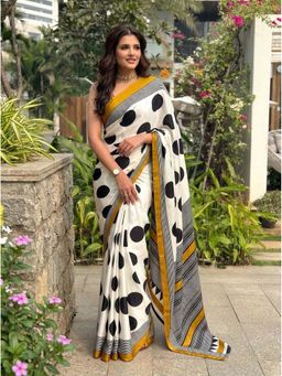 Kalista Fashion - Women White-Black Polka Dot Printed Saree with Unstitched Blouse