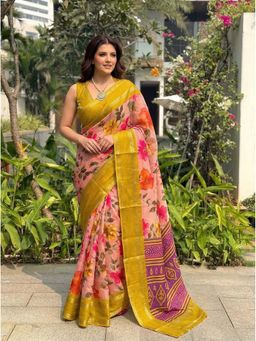 Kalista Fashion - Women Multi-Color Dola Floral Printed Silk Blend Saree with Unstitched Blouse