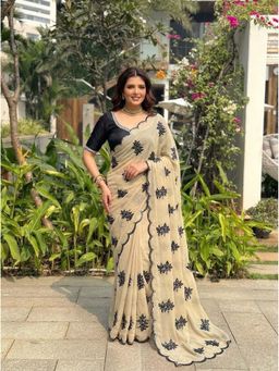 Kalista Fashion - Women Beige Floral Printed Embroidered Saree with Unstitched Blouse