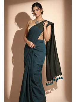 Niska - Women Teal-Green Colorblock Cotton Saree with Unstitched Blouse