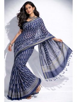Niska - Women Navy Blue Printed Mulmul Cotton Saree with Unstitched Blouse