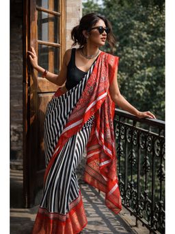 Niska - Women Multi-Color Stripes Printed Modal Silk Saree with Unstitched Blouse