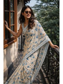 Niska - Women Blue-White Floral Printed Georgette Saree with Unstitched Blouse