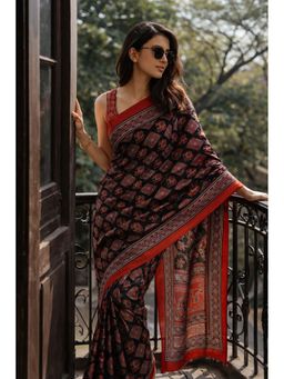 Niska - Women Black-Red Ajrakh Block Printed Modal Saree with Unstitched Blouse