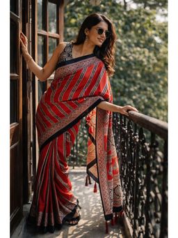 Niska - Women Red Printed Modal Silk Saree with Unstitched Blouse