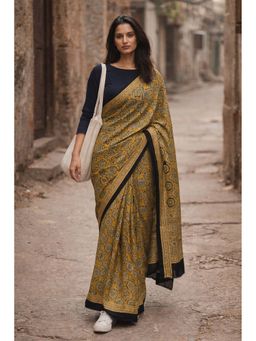 Niska - Women Yellow Floral Printed Modal Saree with Unstitched Blouse
