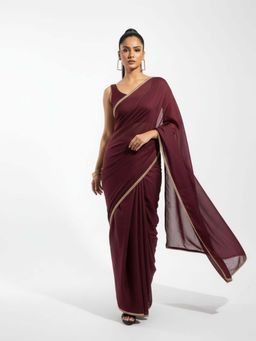 Niska - Women Maroon Elegance Lace Border Saree with Unstitched Blouse