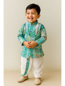 Lagorii - Aqua Blue Printed Kurta with Cream Dhoti