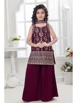 Lagorii - Wine Zari Embroidered Kurti and Palazzo with Dupatta