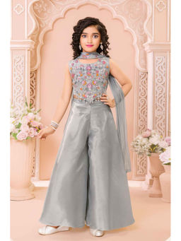 Lagorii - Grey Embroidered Crop Top and Palazzo with Dupatta