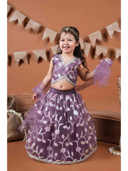 Titrit - Sleeveless Net Embellished Purple Lehenga With Choli And Dupatta