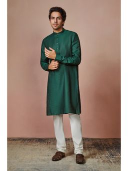 Manyavar - Green Linen Mandarin Collar Kurta Only
