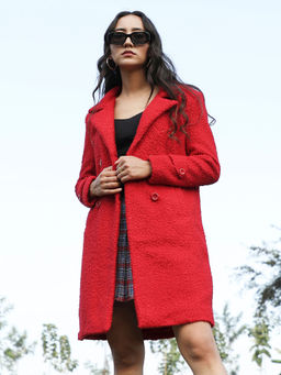 Campus Sutra - Womens Scarlet Red Double-Breasted Sherpa Long Coat