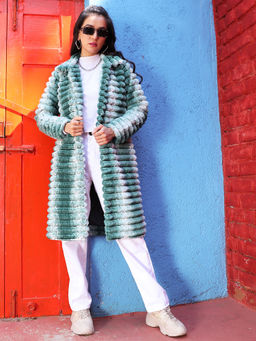 Campus Sutra - Womens Ivory White & Forest Green Ombre Ripple Long Coat