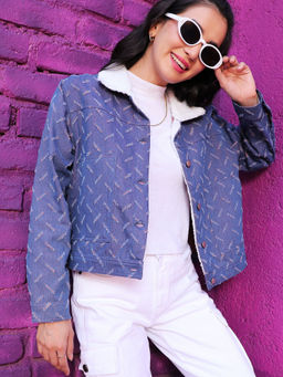 Campus Sutra - Womens Blue Clustered Distress Denim Jacket