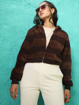 Campus Sutra - Womens Chocolate Brown Fleece Horizontal Striped Jacket
