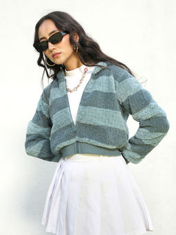 Campus Sutra - Womens Steel Blue Fleece Horizontal Striped Jacket