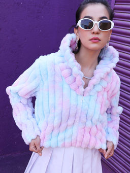 Campus Sutra - Womens Powder Blue & Blush Pink Bubble-gum Ripple Faux Fur Jacket