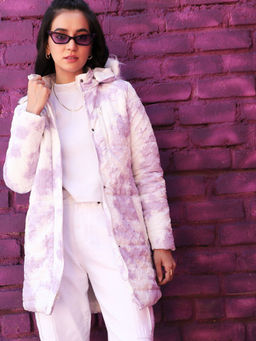 Campus Sutra - Womens Powder White & Lilac Creased Tie-Dye Puffer Jacket