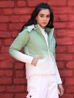 Campus Sutra - Womens Pistachio Green & Chalk White Ombre Puffer Jacket