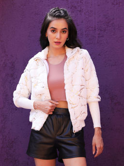 Campus Sutra - Womens Chalk White Metallic Veined Faux Fur Jacket