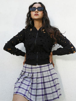 Campus Sutra - Womens Jet Black Self-Design Botanical Jacket